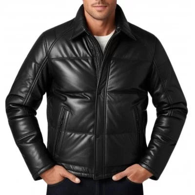 Blouson doudoune cuir agneau noir homme modèle Pixale