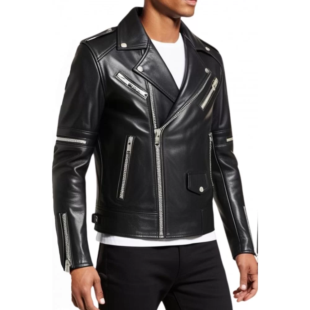 Blouson perfecto cuir homme veau plongé couleur noir modèle Rosario