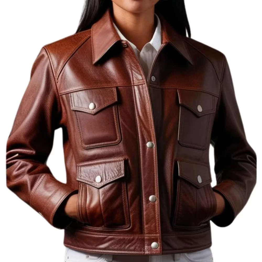 Blouson type baroudeuse multipoches femme en cuir agneau marron modèle Gina