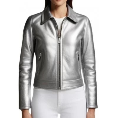 Blouson femme en cuir agneau argent modèle Katia