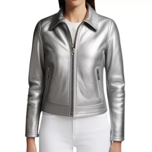 Blouson femme en cuir agneau argent modèle Katia