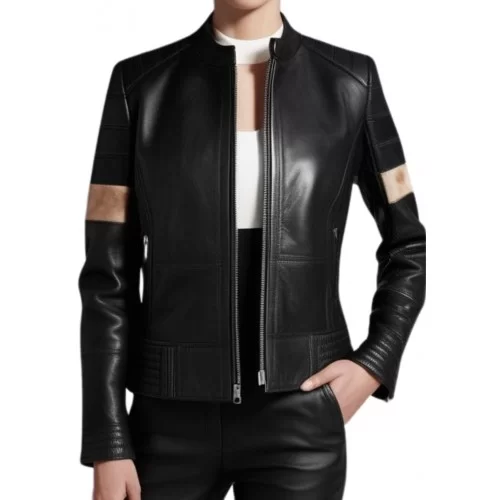 Blouson cuir femme agneau plongé noir et bandes marron sur manches modèle Annie