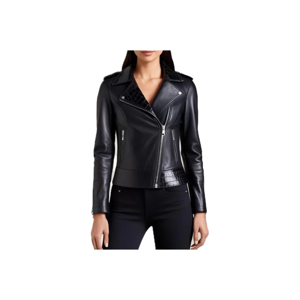 Blouson perfecto en cuir femme en agneau plongé noir et empiècements crocodile véritable modèle Marolie