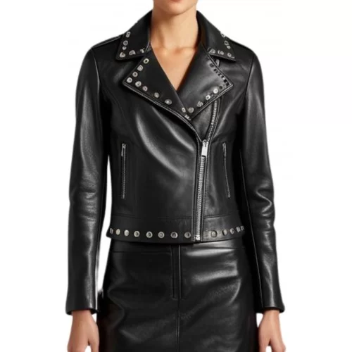 Perfecto cuir femme agneau plongé noir et rivets en métal argent modèle Libia