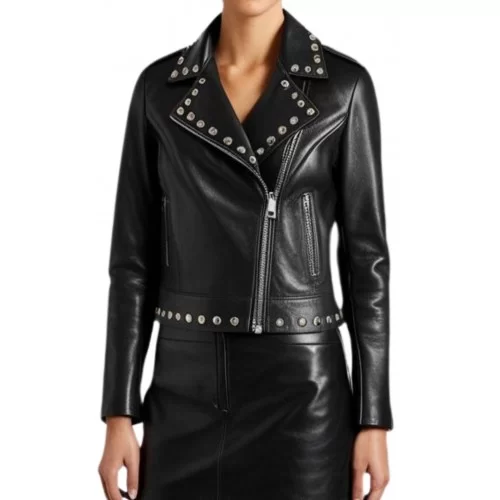 Perfecto cuir femme agneau plongé noir et rivets en métal argent modèle Libia