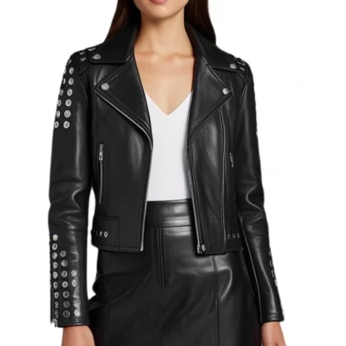 Perfecto cuir femme agneau plongé noir et rivets rond argent modèle Primia