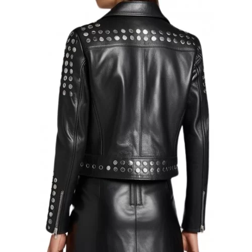 Perfecto cuir femme agneau plongé noir et rivets rond argent modèle Primia