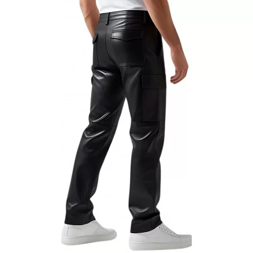 Pantalon cargo cuir homme agneau noir poches côtés modèle Gino