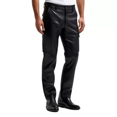 Pantalon cargo homme cuir agneau noir poches côtés modèle Orace