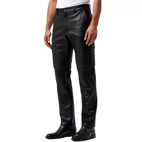 Pantalon cargo homme cuir agneau noir poches côtés modèle Orace