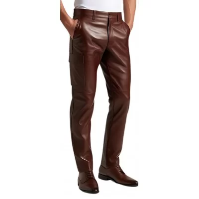 Pantalon cargo homme cuir agneau noir poches côtés modèle Orace