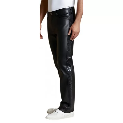 Pantalon en agneau plongé noir avec bandes sur chaque côté du pantalon et poches arrière en python véritable modèle Raptore