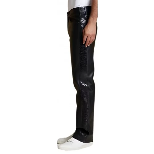 Pantalon en agneau plongé noir avec bandes sur chaque côté du pantalon et poches arrière en python véritable modèle Raptore