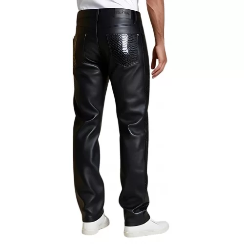 Pantalon en agneau plongé noir avec bandes sur chaque côté du pantalon et poches arrière en python véritable modèle Raptore