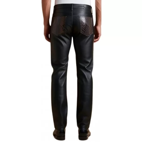 Pantalon en agneau plongé noir avec bandes sur chaque côté du pantalon et poches arrière en python marron véritable modèle Aspic