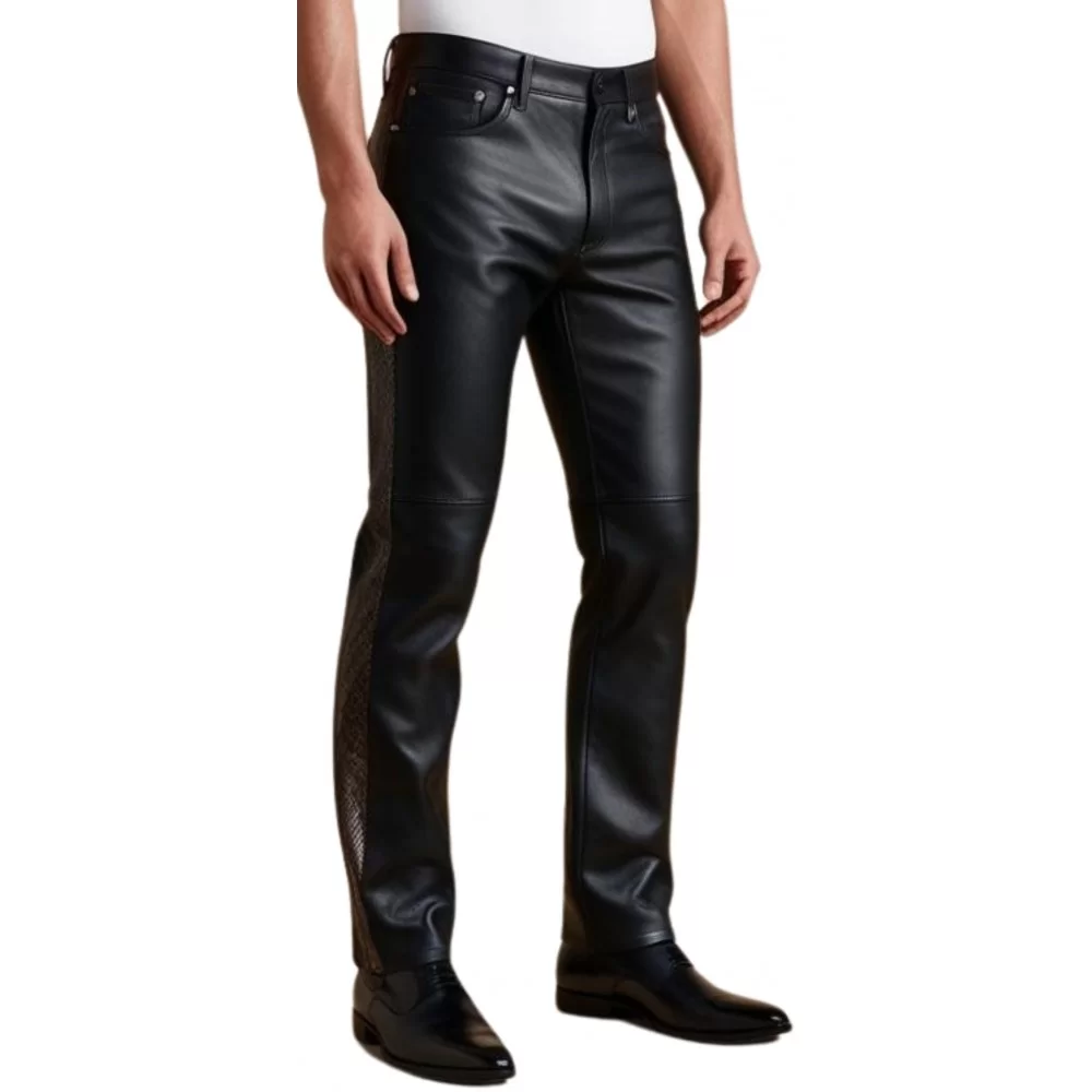 Pantalon en agneau plongé noir avec bandes sur chaque côté du pantalon et poches arrière en python marron véritable modèle Aspic