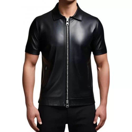 Tee shirt en cuir d'agneau avec ouverture par zip sur l'avant noir modèle Gabrielo