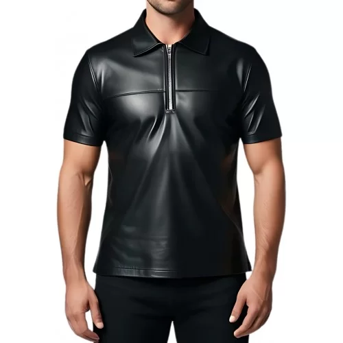 Tee shirt en cuir d'agneau noir avec ouverture par zip sur l'avant modèle Sime