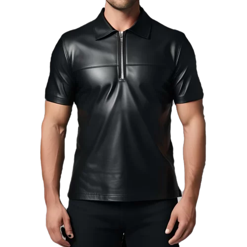 Polo en cuir d'agneau noir avec ouverture par zip sur l'avant modèle Daive