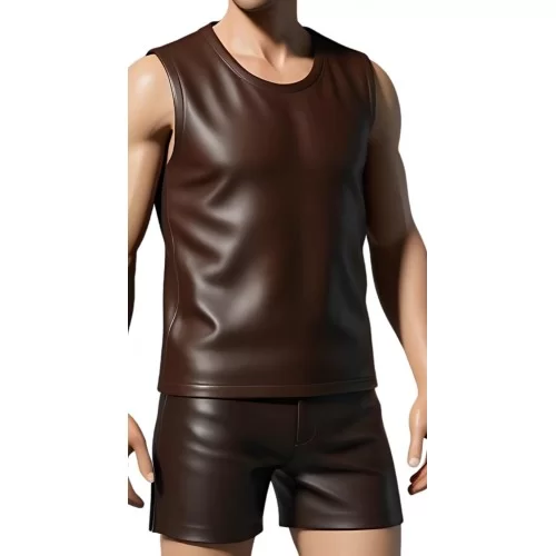 Tee shirt sans manches homme en cuir d'agneau marron modèle Arina