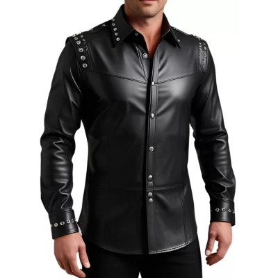 Chemise homme agneau cuir stretch noir avec rivets métal modèle Quirile