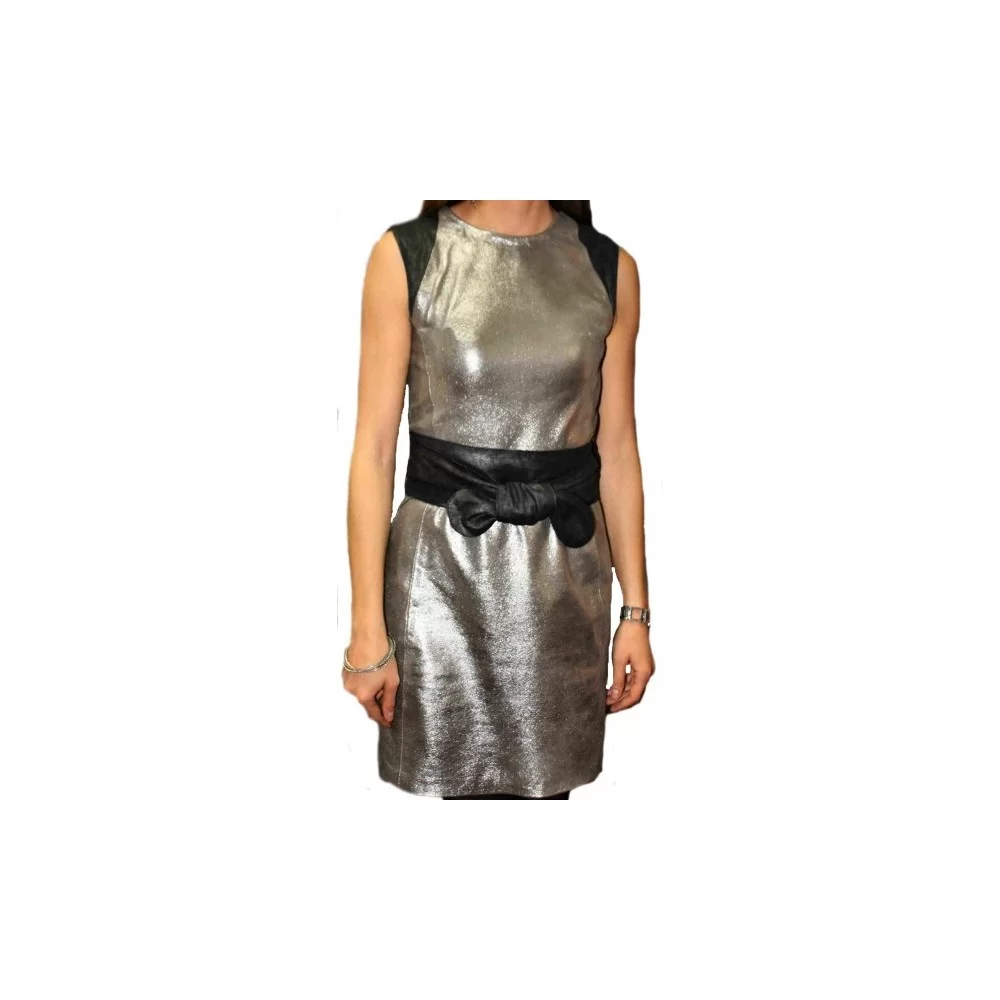 Robe en cuir agneaux argent et plongé noir modèle Nora