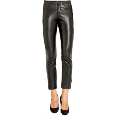 Pantalon court en cuir d'agneau plongé noir modèle Charlène